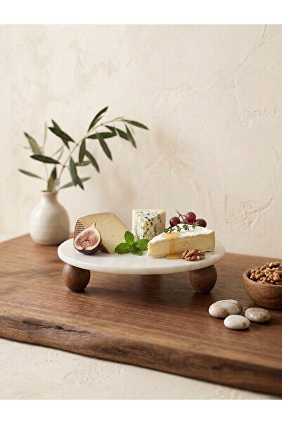 FARALYAHOME Doğal Beyaz Mermer Ahşap Ayaklı Yuvarlak Sunum Tabağı ve Dekoratif Stand -Çap: 28 cm,Yükseklik: 5 cm