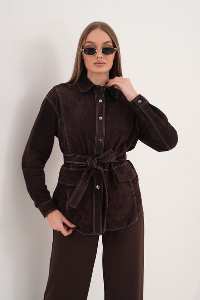Metins Leather Kadın Süet Hakiki Deri Ceket - Kemerli, Yumuşak Doku, Astarsız...