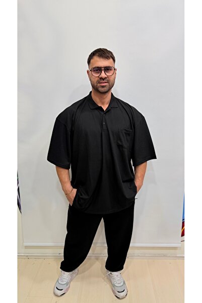 Bas Body FitnessWear Black Front Pocket Plus Size Oversized Polo Collar Short...