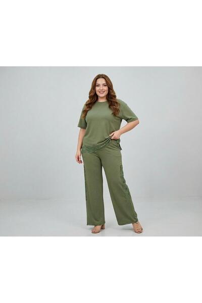 Koza Butik Γυναικείο Σετ Φόρμας Μεγάλου Μεγέθους με Κοντό Μανίκι και Δαντέλα ...