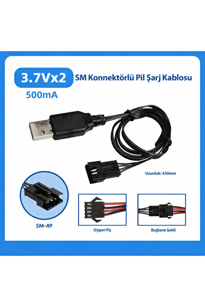 silabor 3.7Vx2 Lityum Pil USB Şarj Kablosu 4 Pin 500mA Şarj Adaptörü 430mm Uz...