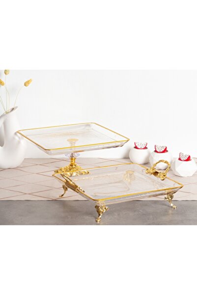 Elta Collection 2-Piece Crystal Metal Footed Gilded Square Cake Serving Stand...