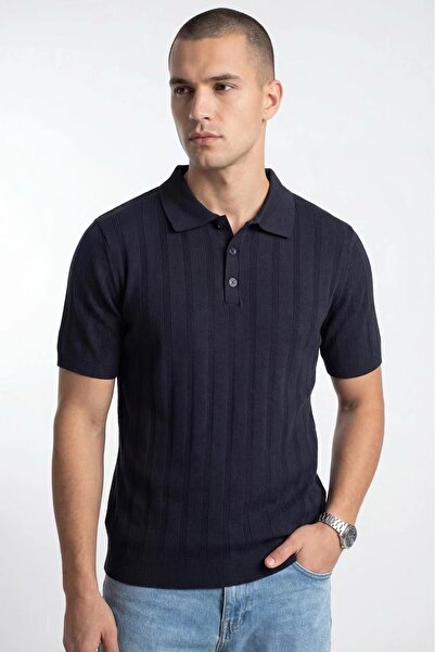 No Way Stripe Patterned Buttoned Polo Collar Regular Fit Knitted Thin Knitwea...