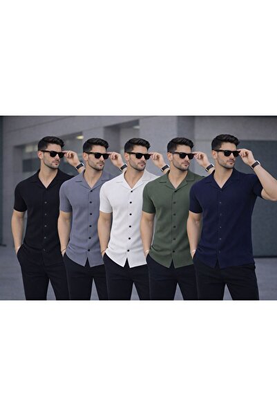 zs zaos fashion Σετ 5 ανδρικών κοντομάνικων πουκαμίσων με υφή βάφλας, καλοκαι...