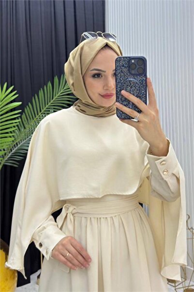 Dipmoda Women's Beige Cape Waist-Tie Detailed Hijab Dress Nms088