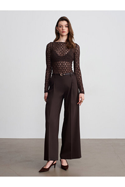 Dilvin 72657 Παντελόνι με πλισέ φαρδιά μπατζάκια-Καφέ