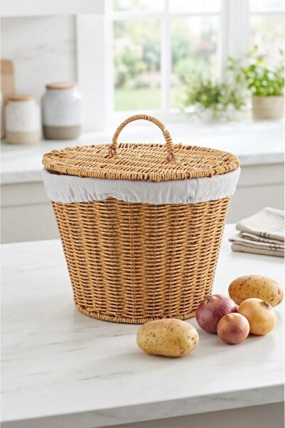 Atbyhome Ψάθινο καλάθι για πατάτες και κρεμμύδια με καπάκι και υφασμάτινη επέ...