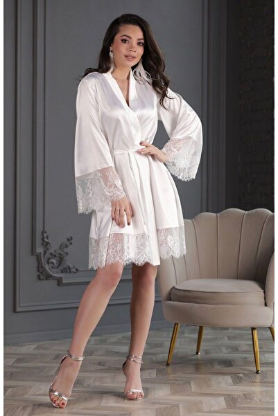 Juwana Πολυτελές Σατέν Ρόμπα με Δαντέλα στα Μανίκια |   Νυφικό Νυχτικό Λευκό ...
