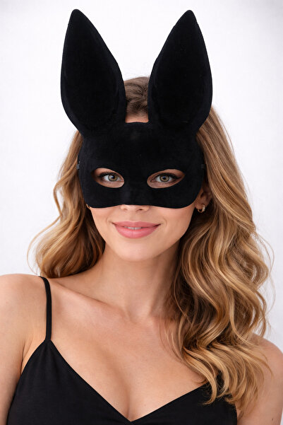 PARTİPORT Kadife Tavşan Maske Siyah 33.5 cm Hallowen Cadılar Bayramı Parti Ma...