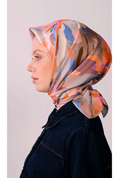 Belli Pudra Pembe Çok Renkli Çiçek Desen %100 Twill İpek Eşarp