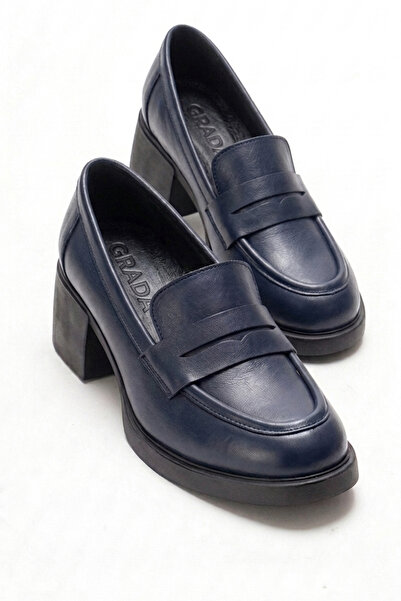 GRADA Γυναικεία παπούτσια Loafer με τακούνι από γνήσιο δέρμα Navy Blue, Παπού...