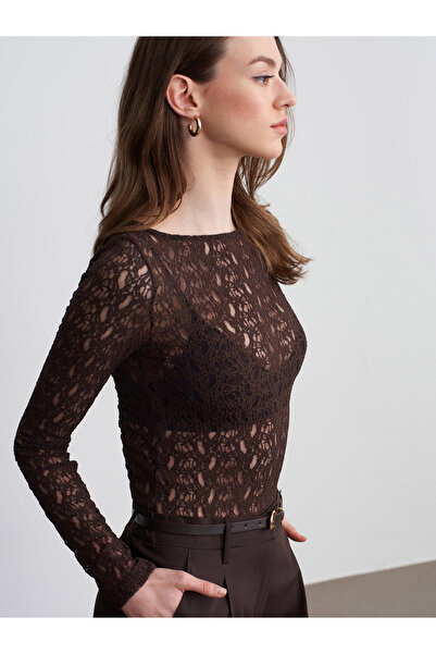 Dilvin 32763 Δαντέλα με λαιμόκοψη Kayık σε Σκούρο Καφέ