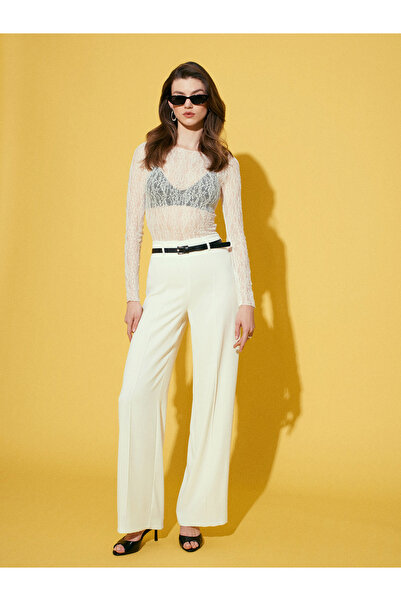 Dilvin 71932 Παντελόνι με λεπτομέρεια ραφής και ζώνη - Εκρού