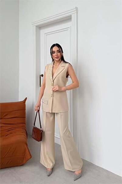 Dipmoda Women's Beige Stone Embroidered Gold Button Detailed Sleeveless Blaze...