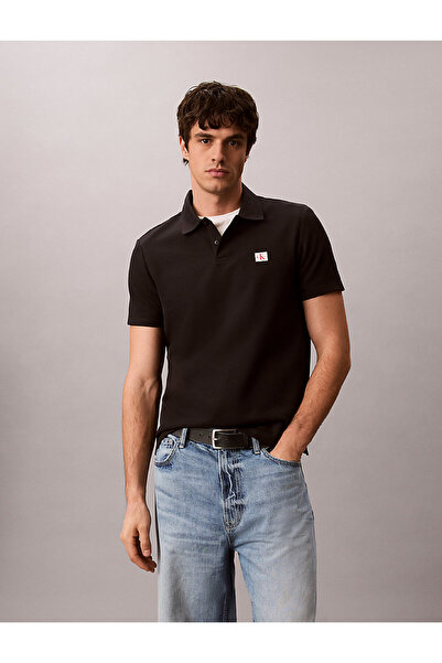 Calvin Klein Men's Ss Microwaffle Woven Label Polo Collar T-Shirt