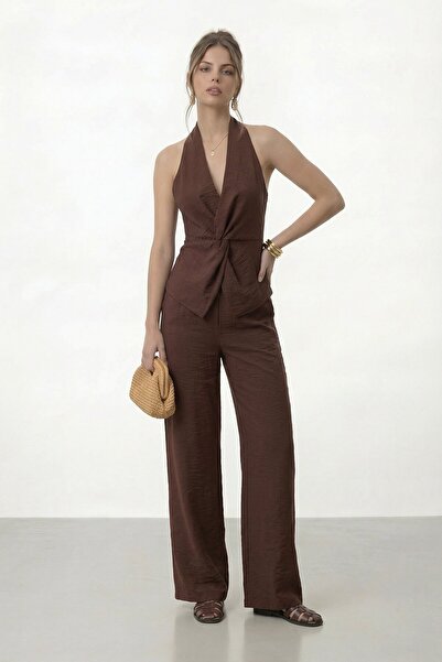 VAGGON Σετ μπλούζας και παντελονιού με λεπτομέρεια στη μέση και λαιμόκοψη V