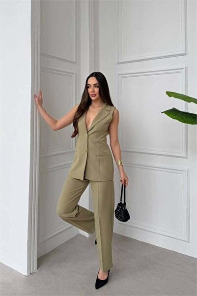 Dipmoda Γυναικείο παντελόνι με πράσινο κουμπί και λεπτομέρειες, αμάνικο σακάκ...