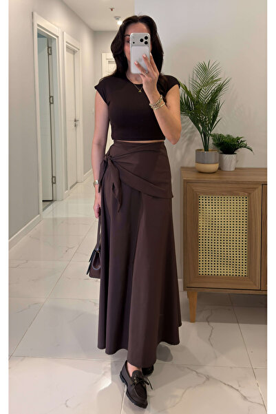 My Blog Καφέ φούστα με λεπτομέρεια φουλαριού στο πλάι - 261032