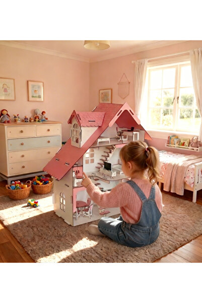 playvia Ahşap İskandinav Oyun Evi, Full Aktif Eşyalı, 3 katlı, 85 cm ( Montes...