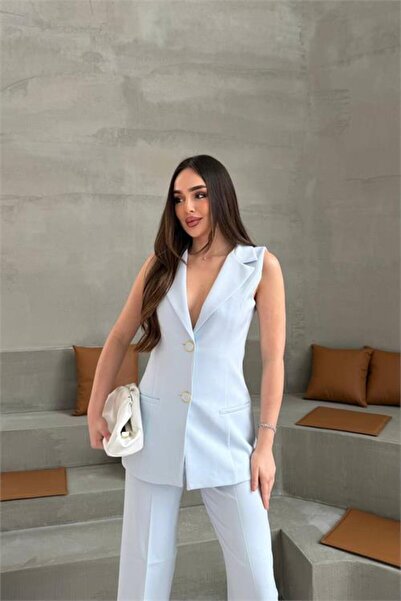 Dipmoda Women's Baby Blue Button Detailed Sleeveless Blazer Jacket Pants Set ...