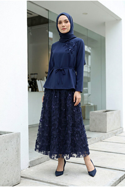 MODAQU Organza Floral Tulle Skirted Crepe Double Set - Navy Blue