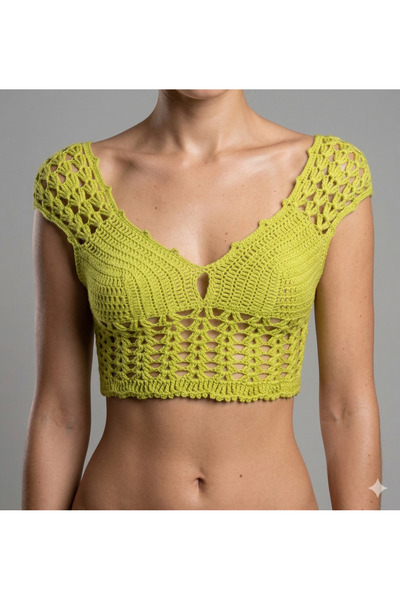 sostyles butik Limon Yeşili Kroşe Crop Top Kadın V Yaka Büstiyer
