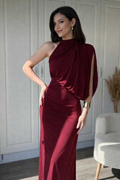 MEGOMEL Γυναικείο κομψό ντραπέ μάξι φόρεμα με έναν ώμο και λαιμόκοψη