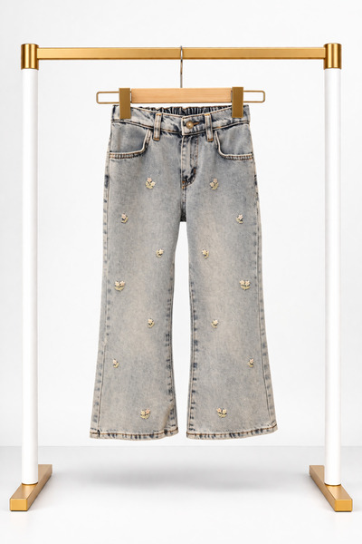 poozkids Girl's Embroidered Jean Pants – Elastic Waist Comfortable Fit Spanish Style Denim