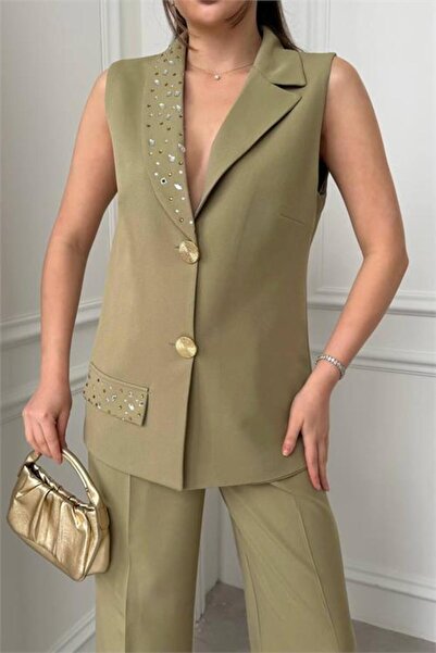 Dipmoda Women's Beige Stone Embroidered Gold Button Detailed Sleeveless Blaze...