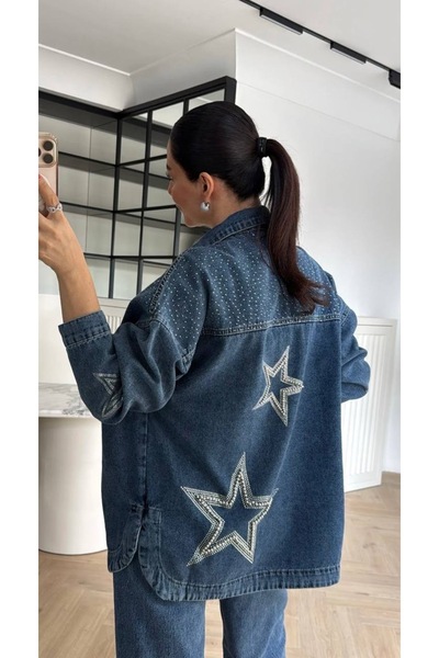 Mzr Collection KADIN TAŞLI YILDIZ DESENLİ DENİM CEKET