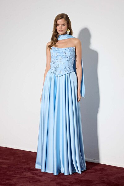 Carmen Baby Blue Strapless Embroidered Satin Long Evening Dress with Shawl