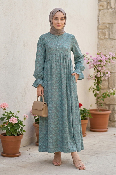 FERHEL Hijab Front Half Buttoned Waist Tie Patterned Dress - Mint