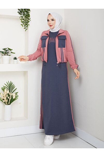 moda4b Women's 2-Piece Set Long Dress and Jacket with Pockets Two Yarns Cotton Stylish Sporty N-05479 _ Gray-Pink