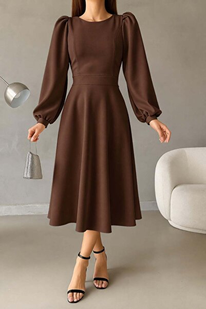 Deafox Καφέ φόρεμα με μανίκια μπαλόνι και λαιμόκοψη ποδηλάτου, βασικό μήκος μ...