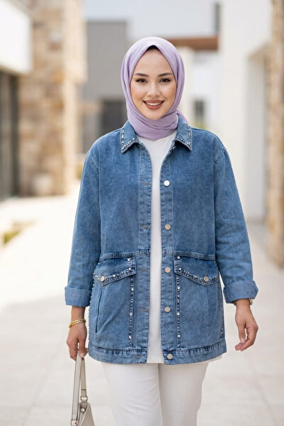 Hb Harma Time Butik Γυναικείο τζιν μπουφάν με πέτρινες λεπτομέρειες και τσέπε...