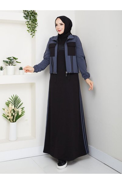 moda4b Women's 2-Piece Set Long Dress and Jacket with Pockets Two Yarns Cotton Stylish Sporty N-05479 _ Black-Gray