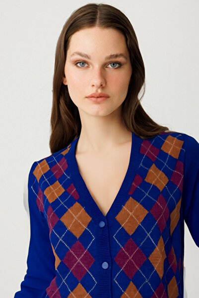 Desen Triko Women's V-Neck Cardigan with Diamond Pattern on the Front, Dark Blue