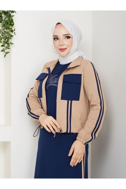 moda4b Women's 2-Piece Set Long Dress and Pocketed Jacket Two Yarns Cotton Stylish Sporty N-05479 _ Navy Blue