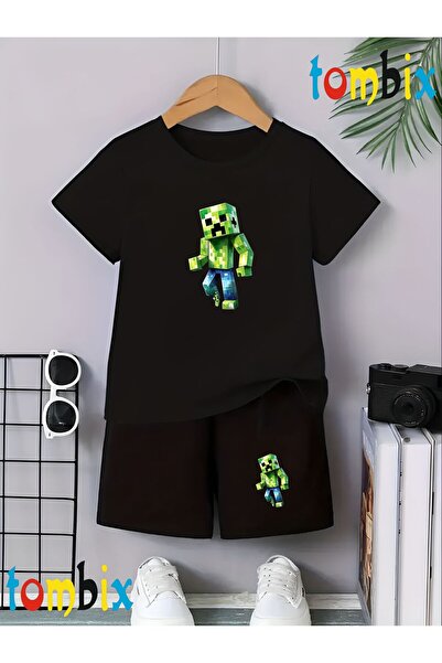 tombix Single Green Shape Printed T-Shirt Shorts Summer Children's Set