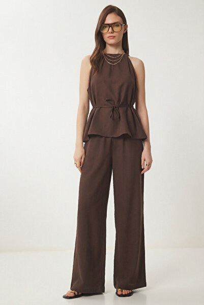 Lovelyİstanbul Σετ Λινό Παντελόνι Μπλούζα με Λεπτομέρεια Δεσίματος LBY0052 ΚΑΦΕ