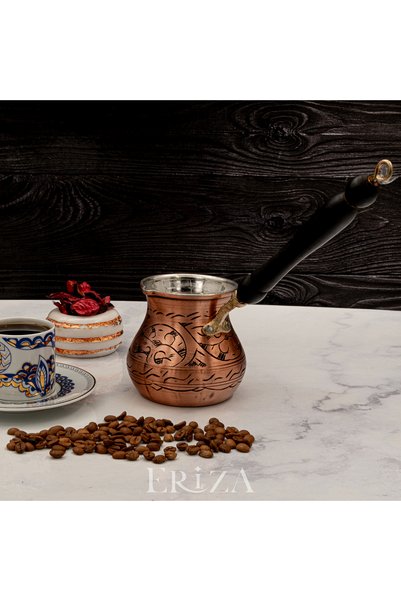 ERİZA Gaziantep Style Handmade Carved and Embroidered Pewter Copper Coffee Pot for 4-6 People
