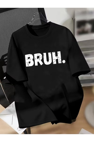 AEMİ Μπλουζάκι Unisex με στάμπα Bruh, Oversize, με λαιμόκοψη ποδηλάτου