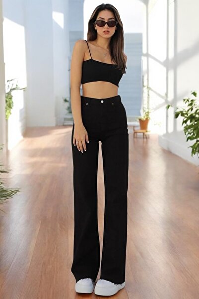 Livik Γυναικείο μαύρο τζιν με φαρδιά μπατζάκια από λύκρα, ελαστικό, ψηλόμεσο