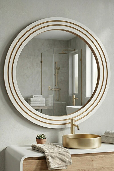 MONTESEV Antik Ahşap Beyaz Dekoratif Ayna Banyo Lavabo Aynası Yuvarlak Ayna D...