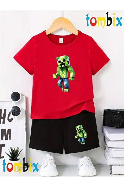 tombix Single Green Shape Printed T-Shirt Shorts Summer Children's Set