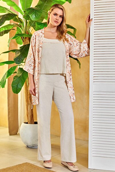 FLZ Chain Patterned Dressing Gown with Rope Straps Pajama 3-Piece Set Elegant...