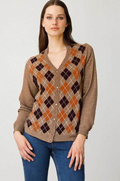 Desen Triko Women's V-Neck Cardigan with Diamond Pattern on the Front V.Camel