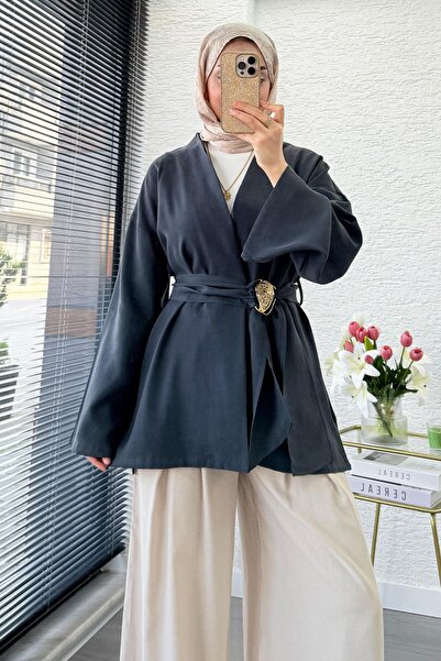 MELEK ARAZ Bronş Belted Double Breasted Collar Modal Kimono - Smoked