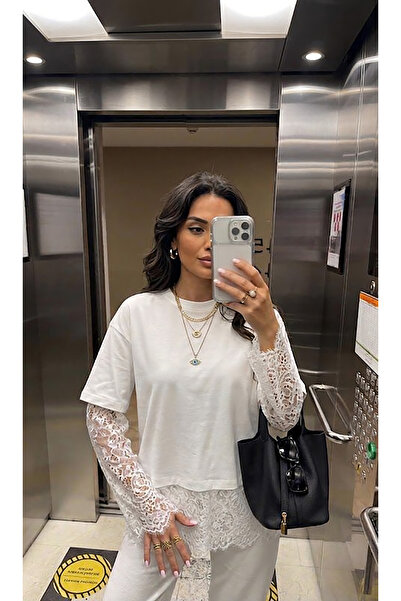 Inno Γυναικείο μπλουζάκι με δαντέλα στο τελείωμα της φούστας και στα μανίκια