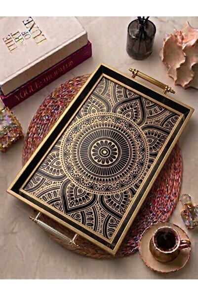Öykü Mandala Desenli Dekoratif Tepsi – Siyah Gold Çerçeveli Kulplu Çay Kahve ...